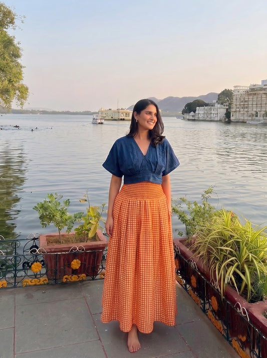 Orange Checkered Skirt Top Set
