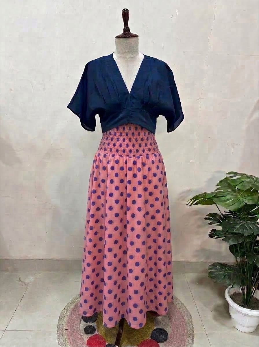 Navy Pink Polka Skirt Top Set