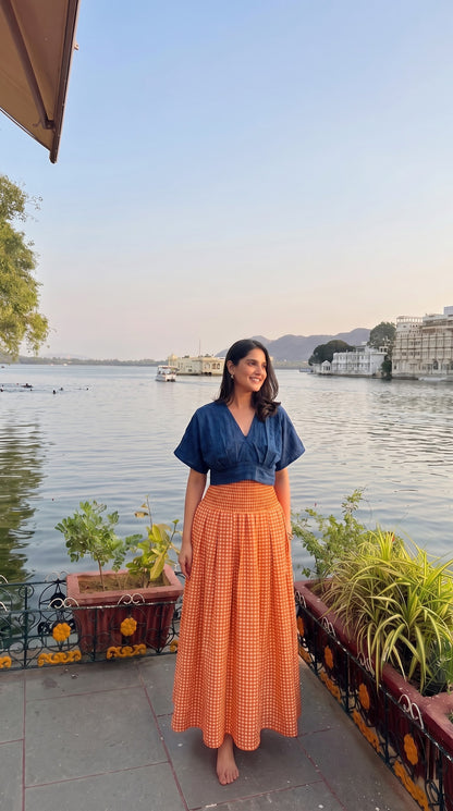 Orange Checkered Skirt Top Set