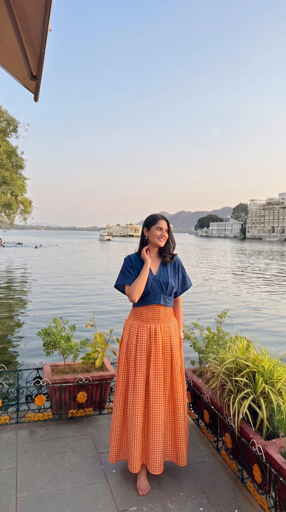 Orange Checkered Skirt Top Set