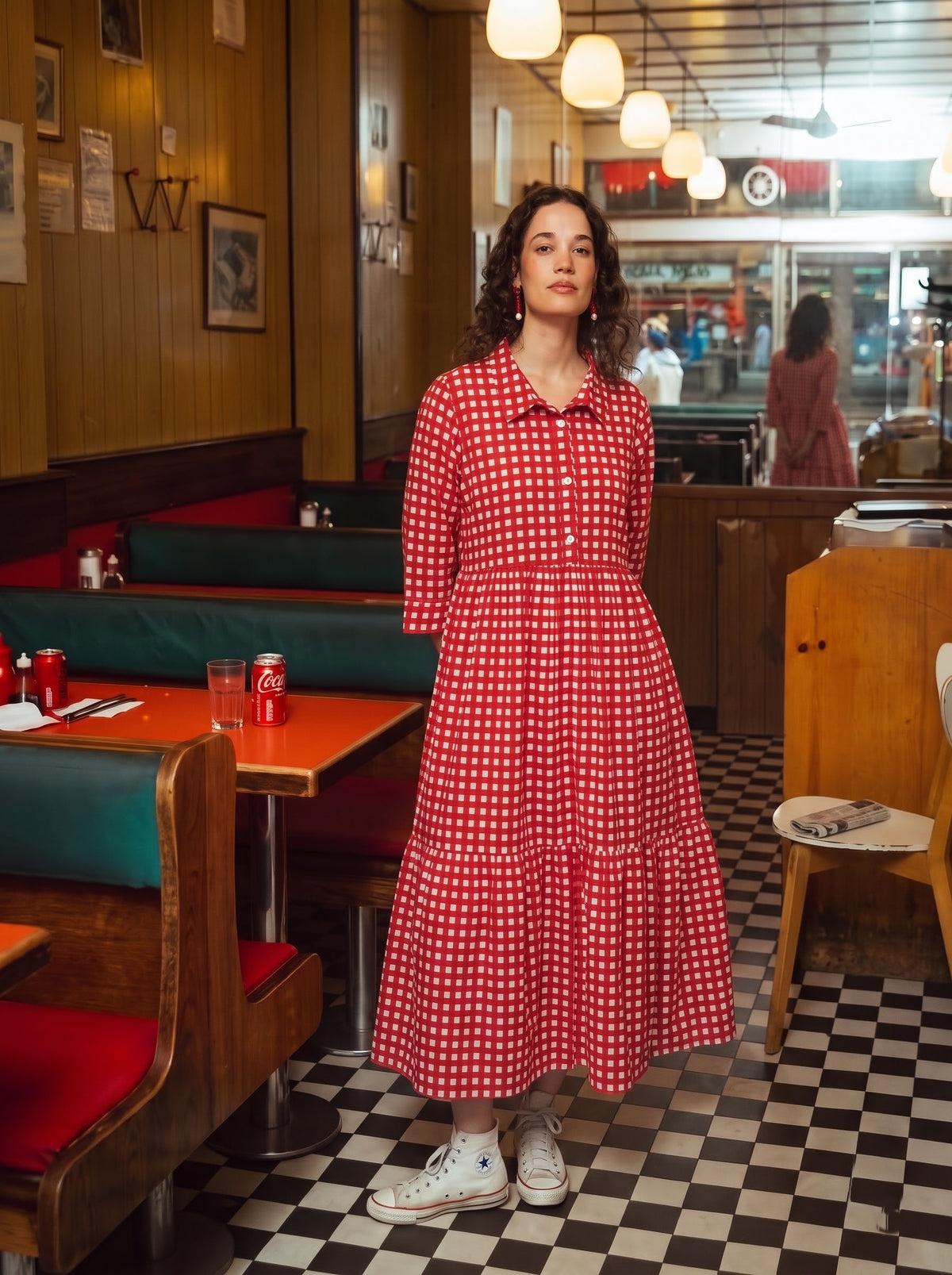 Red Checkered Button-Down Flared Maxi Dress