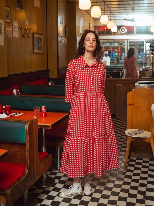 Red Checkered Button-Down Flared Maxi Dress
