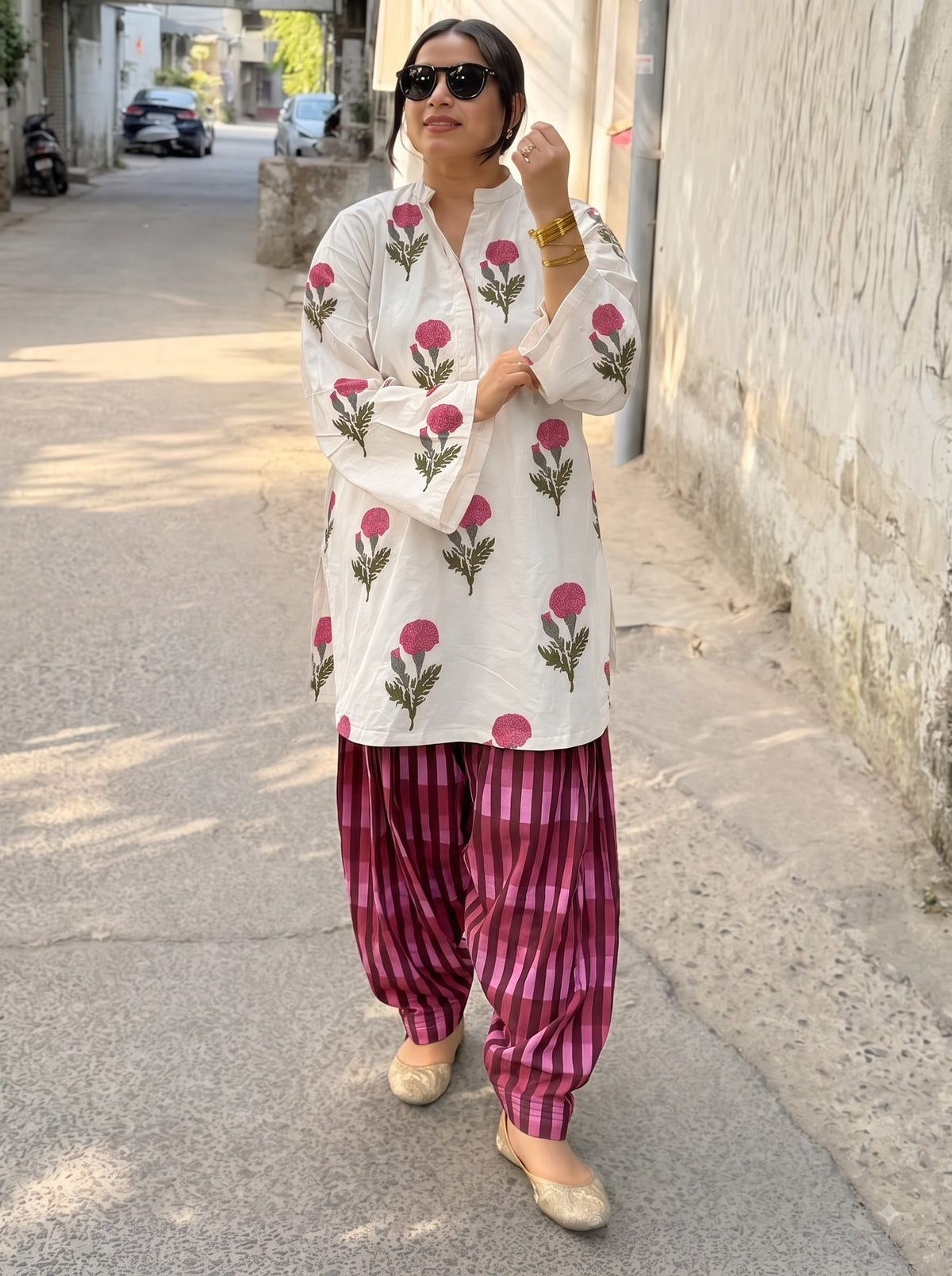 Evara Floral & burgundy Stripe Farshi Salwar
