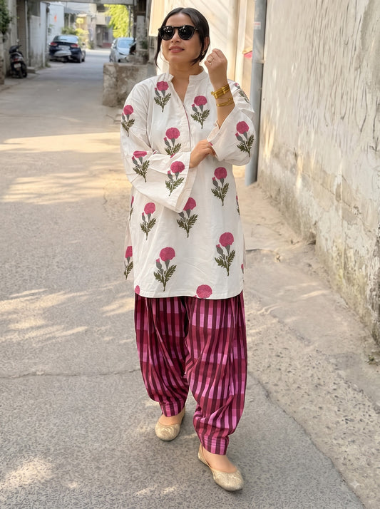 Evara Floral & burgundy Stripe Farshi Salwar