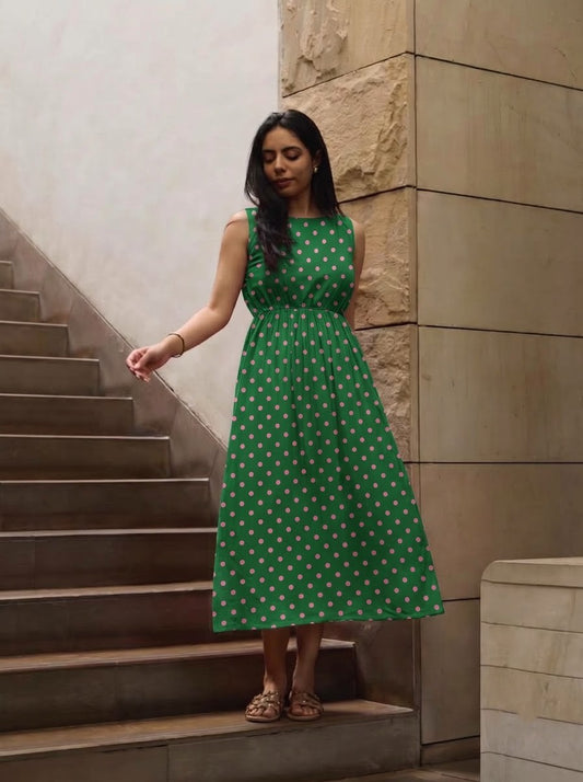 Emerald Green & Pink Polka Dot Printed Midi Dress