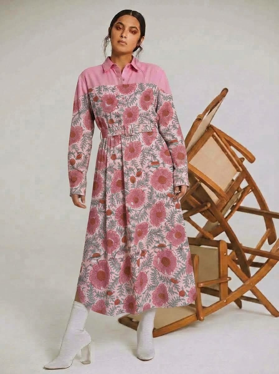 Blush Pink Floral Block Printed Shirt Dress
