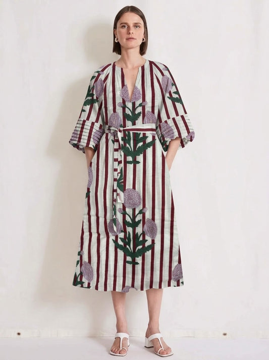 Maroon Striped & Lavender Floral Printed Midi Dress