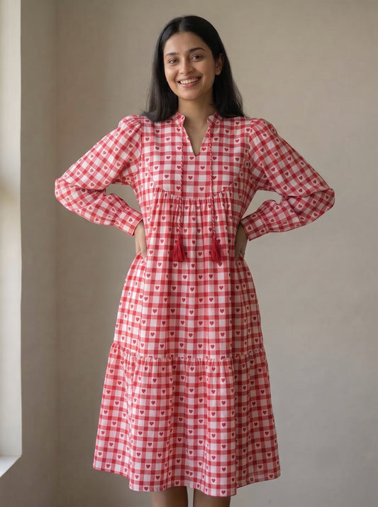 Red & White Heart Gingham Check Printed Midi Dress