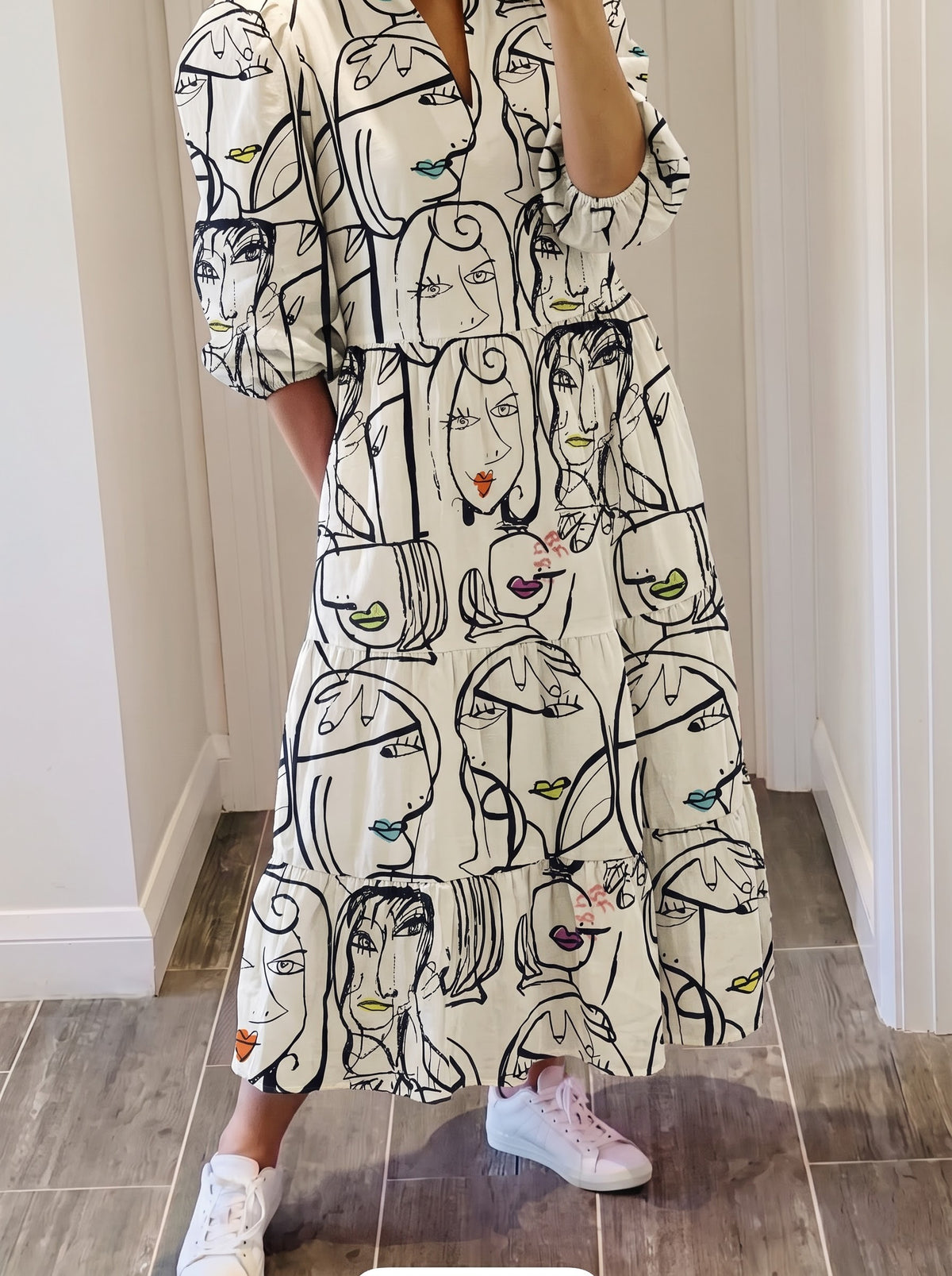 White Abstract Face Line Art V-Neck Tiered Midi Dress