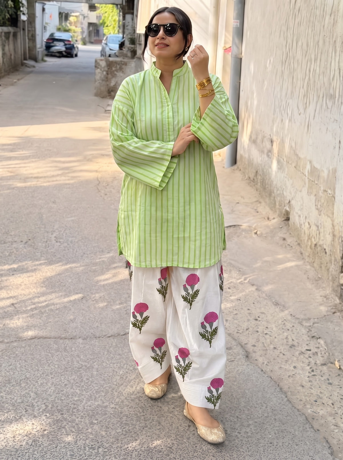 Mira Lime Stripe & Floral Farshi Salwar