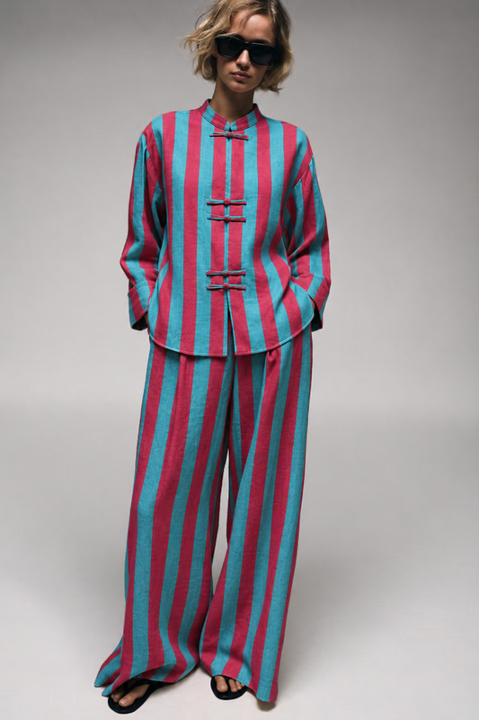 Teal and Magenta Striped Frog-Button Wide-Leg Co-ord Set