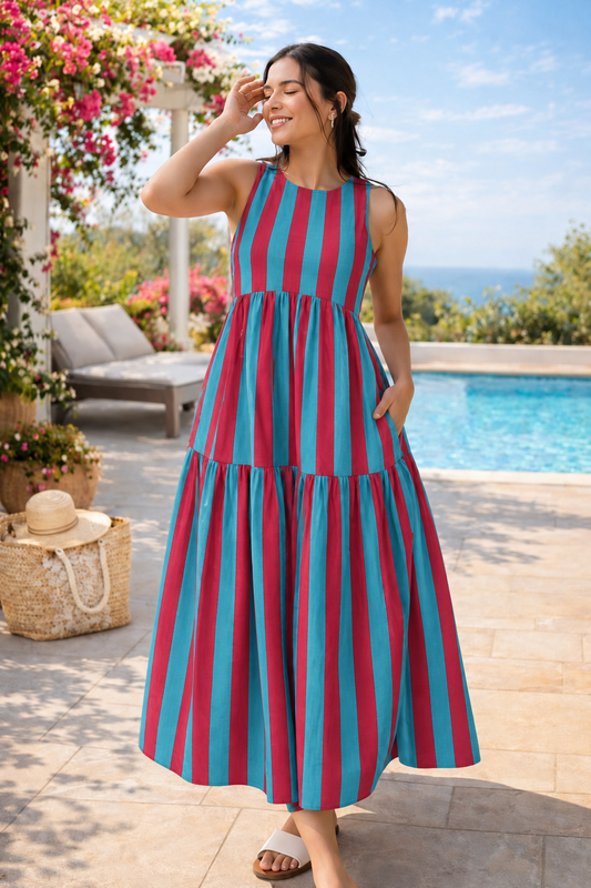 Teal and Magenta Striped Sleeveless Tiered Maxi Dress