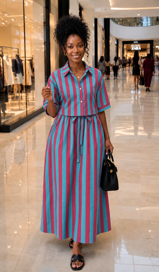 Teal and Magenta Striped Cropped Shirt and Maxi Skirt Set