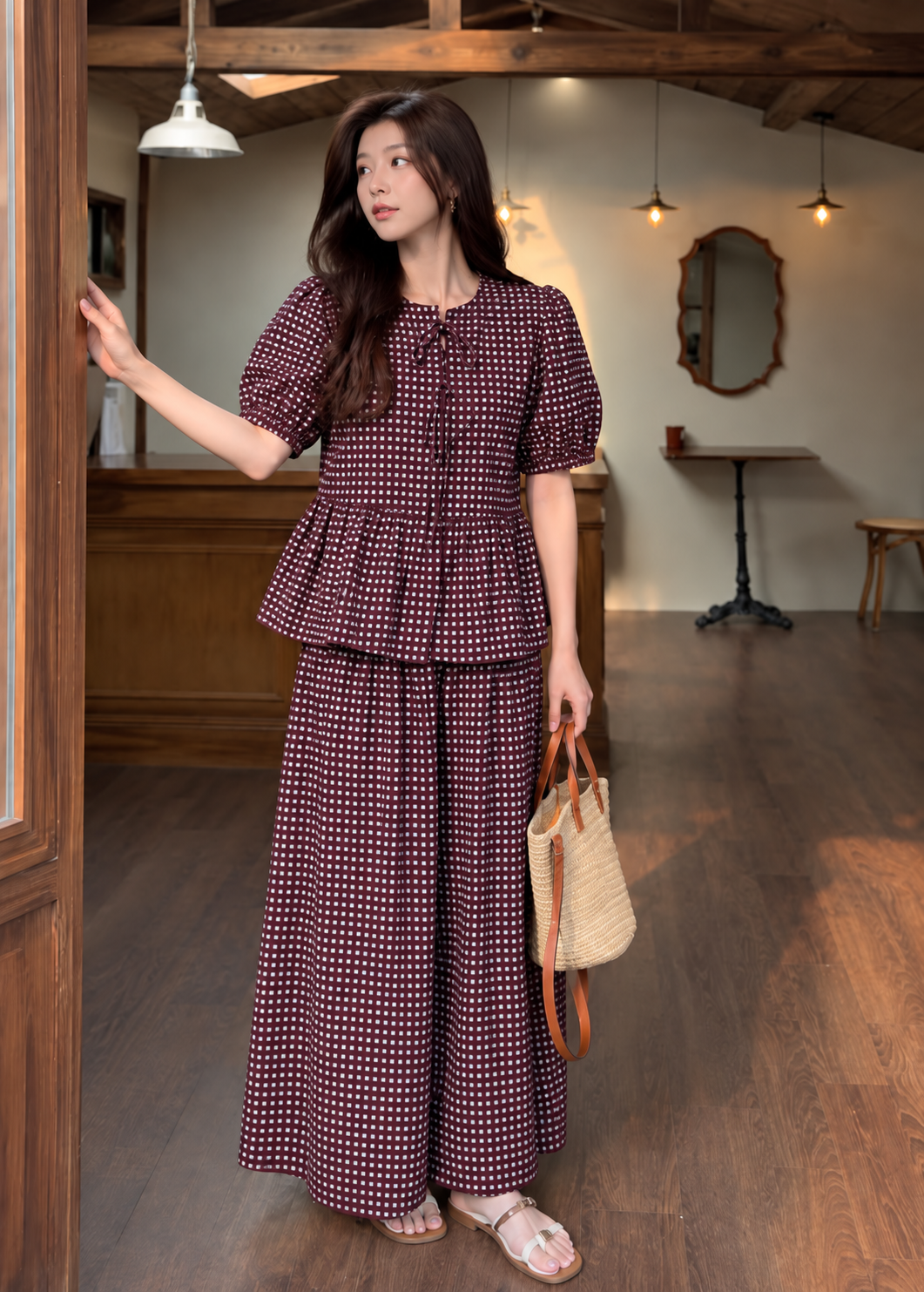 Maroon Mini Check Peplum Wide-Leg Co-ord Set