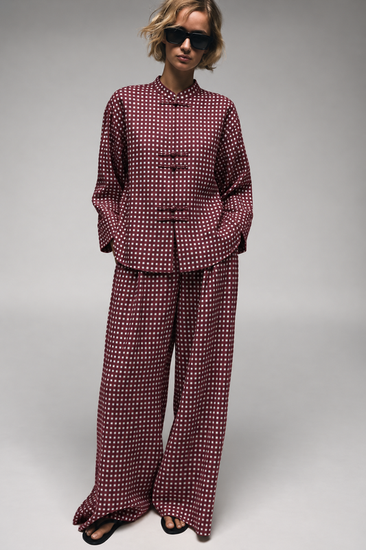 Maroon Mini Check Frog-Button Wide-Leg Co-ord Set