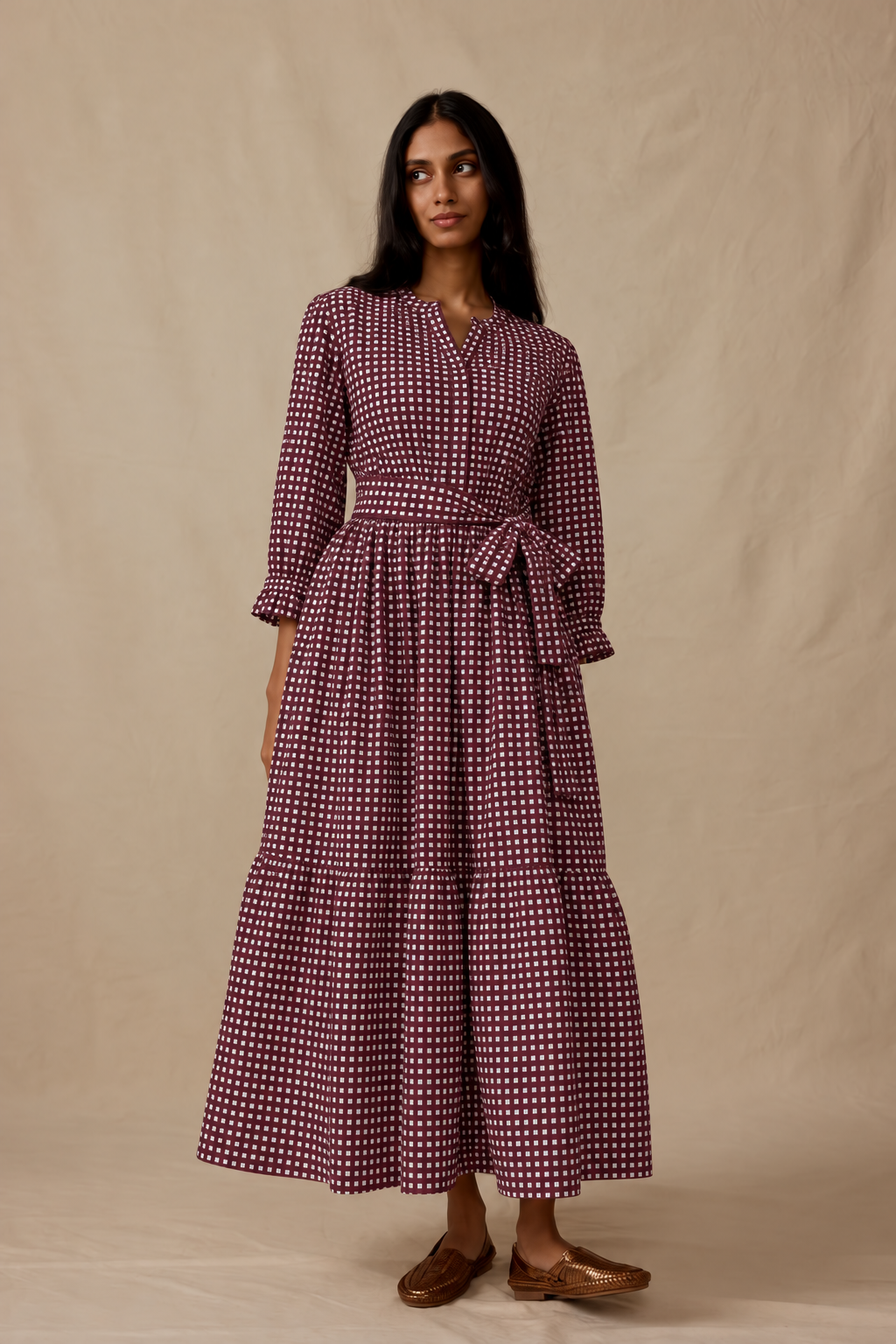Maroon Mini Check Belted Shirt Maxi Dress