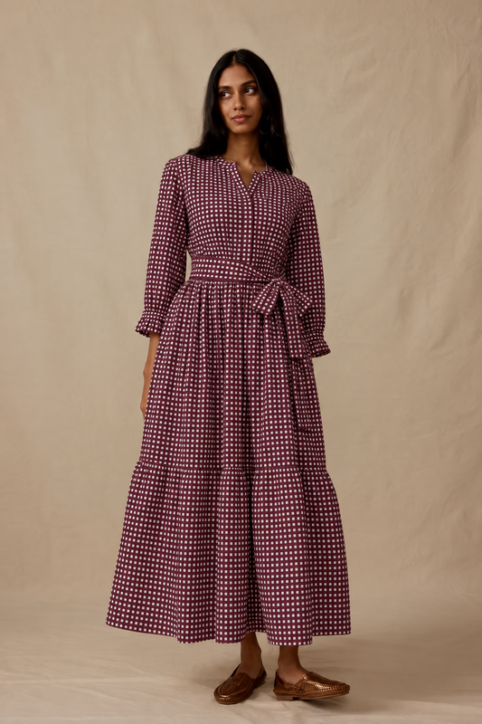 Maroon Mini Check Belted Shirt Maxi Dress