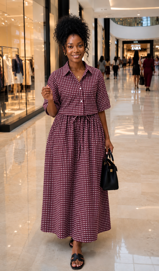 Maroon Mini Check Cropped Shirt and Maxi Skirt Set