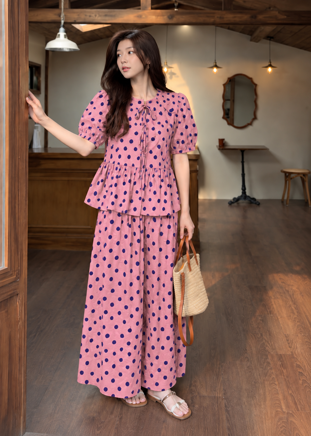 Pink and Navy Polka Dot Peplum Wide-Leg Co-ord Set