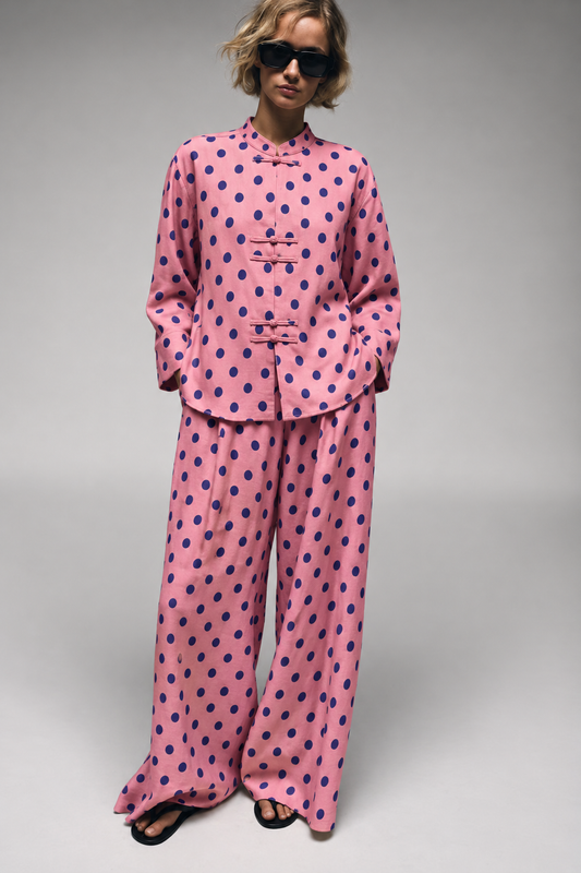 Pink and Navy Polka Dot Frog-Button Wide-Leg Co-ord Set