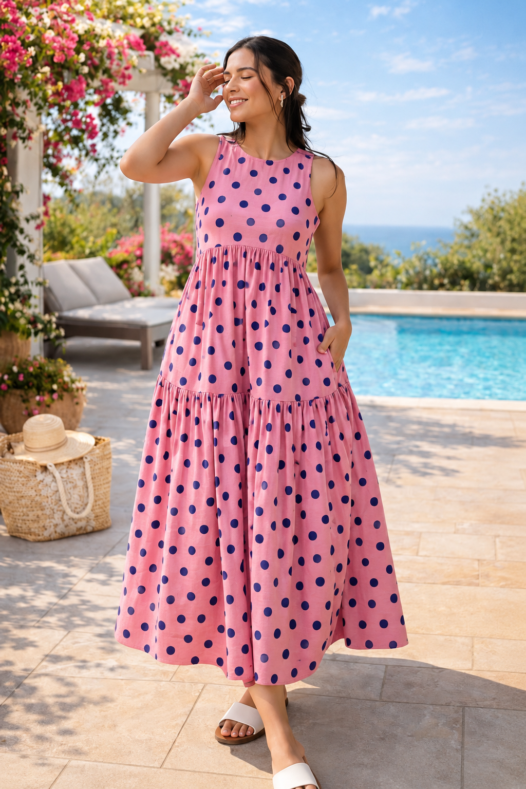 Pink and Navy Polka Dot Sleeveless Tiered Maxi Dress