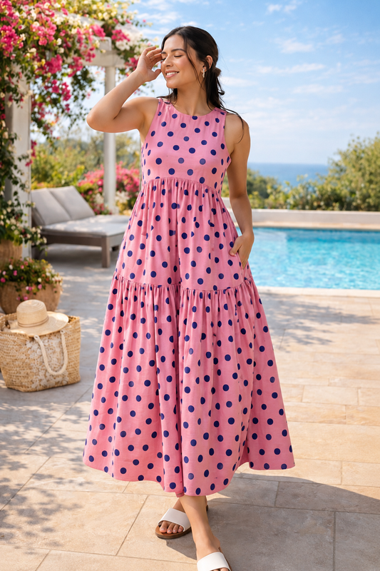 Pink and Navy Polka Dot Sleeveless Tiered Maxi Dress