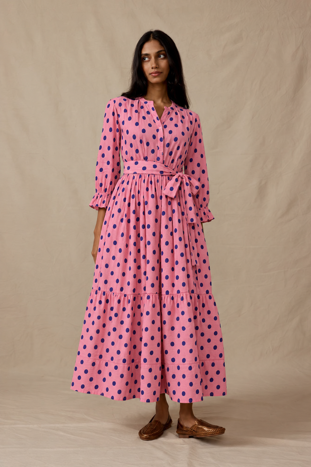 Pink and Navy Polka Dot Belted Shirt Maxi Dress