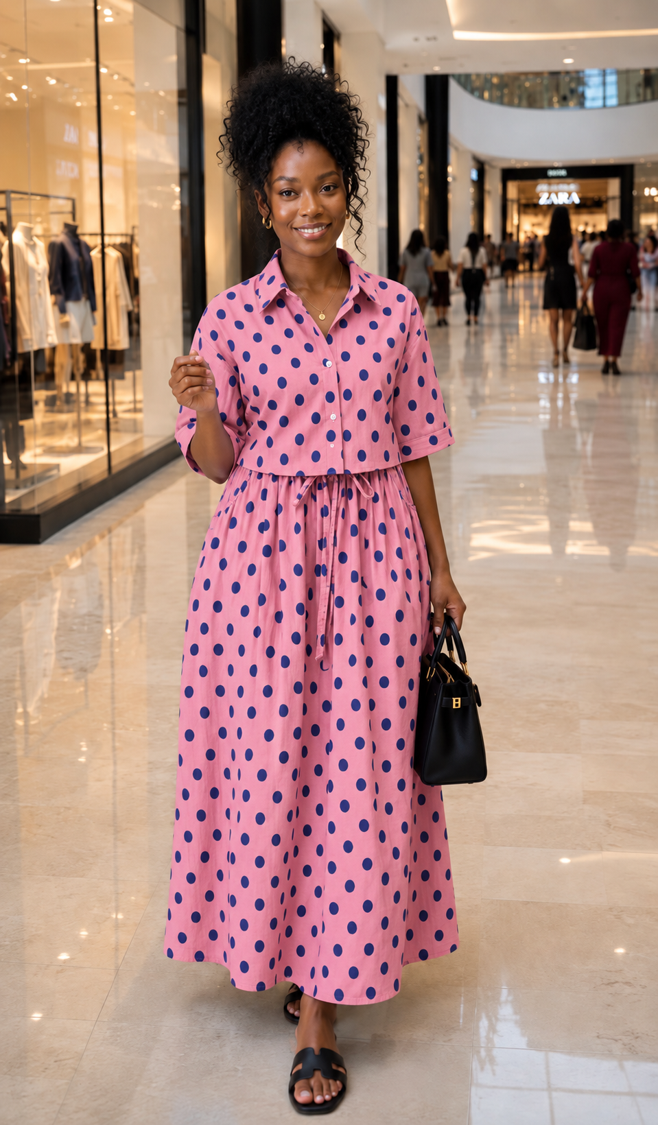 Pink and Navy Polka Dot Cropped Shirt and Maxi Skirt Set