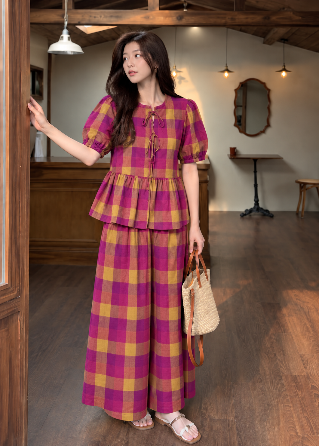 Magenta and Mustard Checked Peplum Wide-Leg Co-ord Set