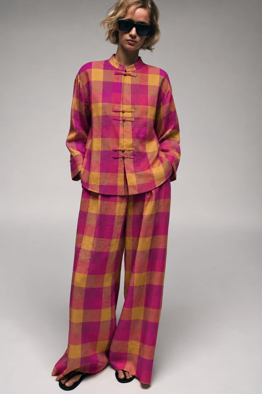 Magenta and Mustard Checked Frog-Button Wide-Leg Co-ord Set