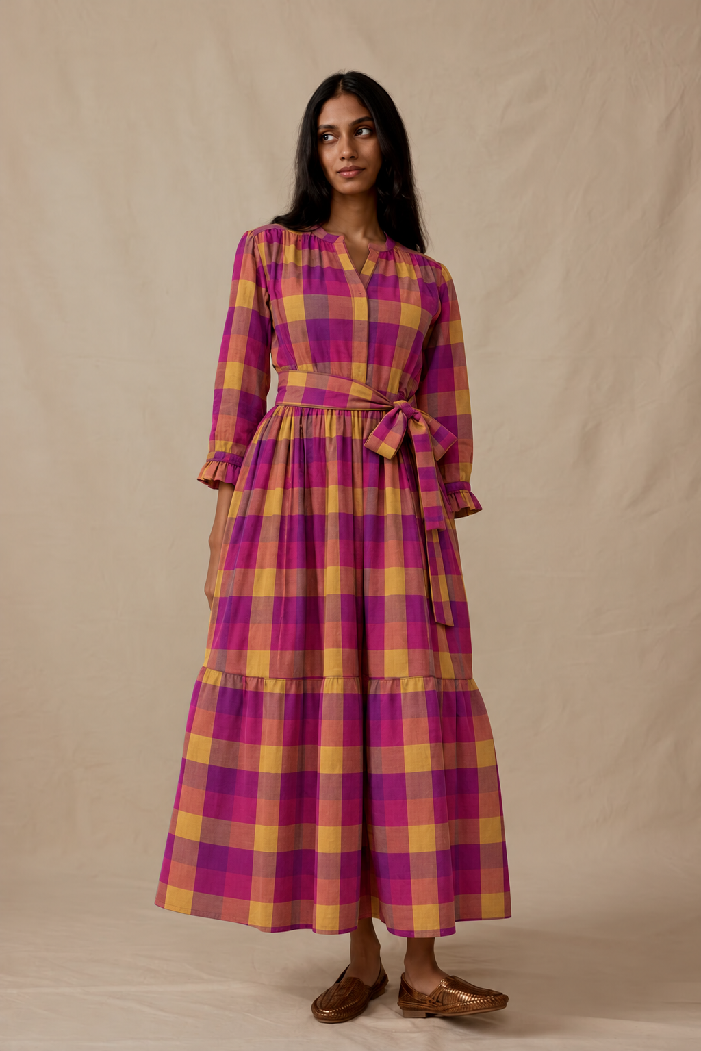 Magenta and Mustard Checked Belted Shirt Maxi Dress