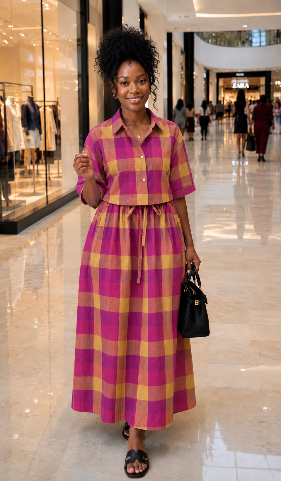 Magenta and Mustard Checked Cropped Shirt and Maxi Skirt Set