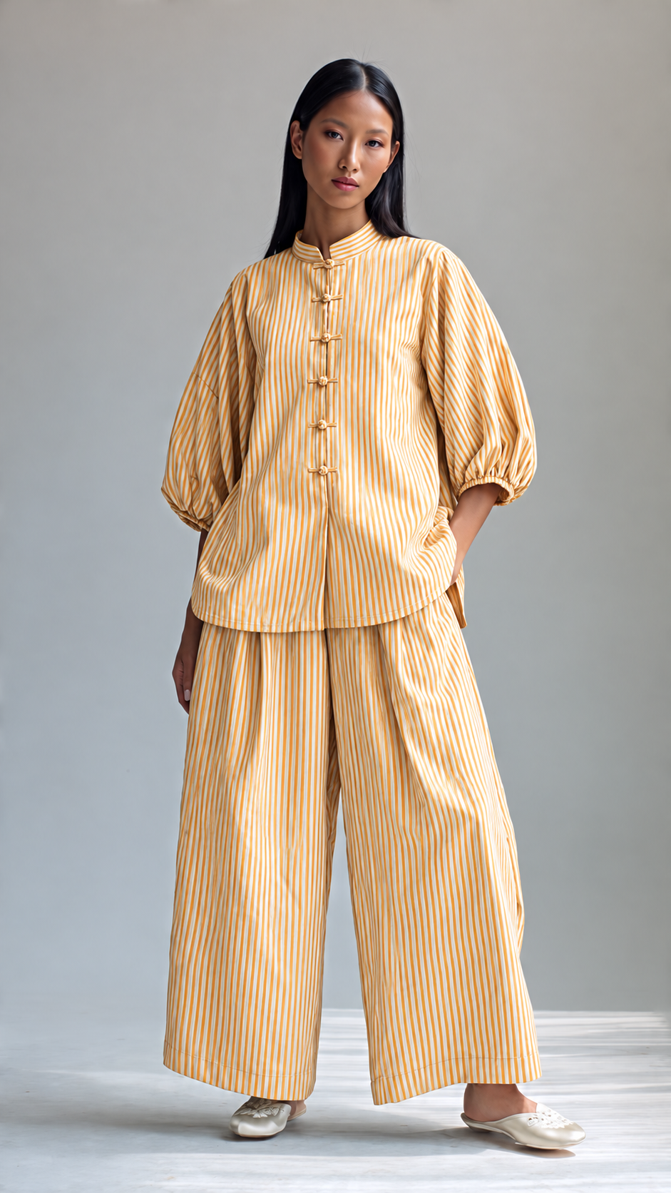 Mustard and White Striped Puff-Sleeve Tunic and Wide-Leg Set