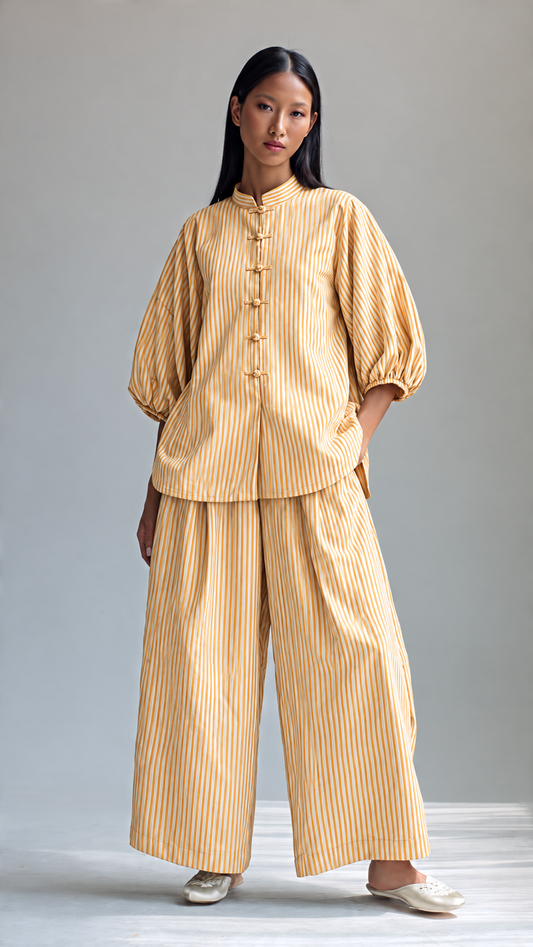 Mustard and White Striped Puff-Sleeve Tunic and Wide-Leg Set