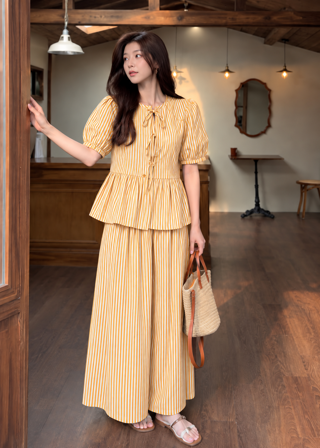 Mustard and White Striped Peplum Wide-Leg Co-ord Set