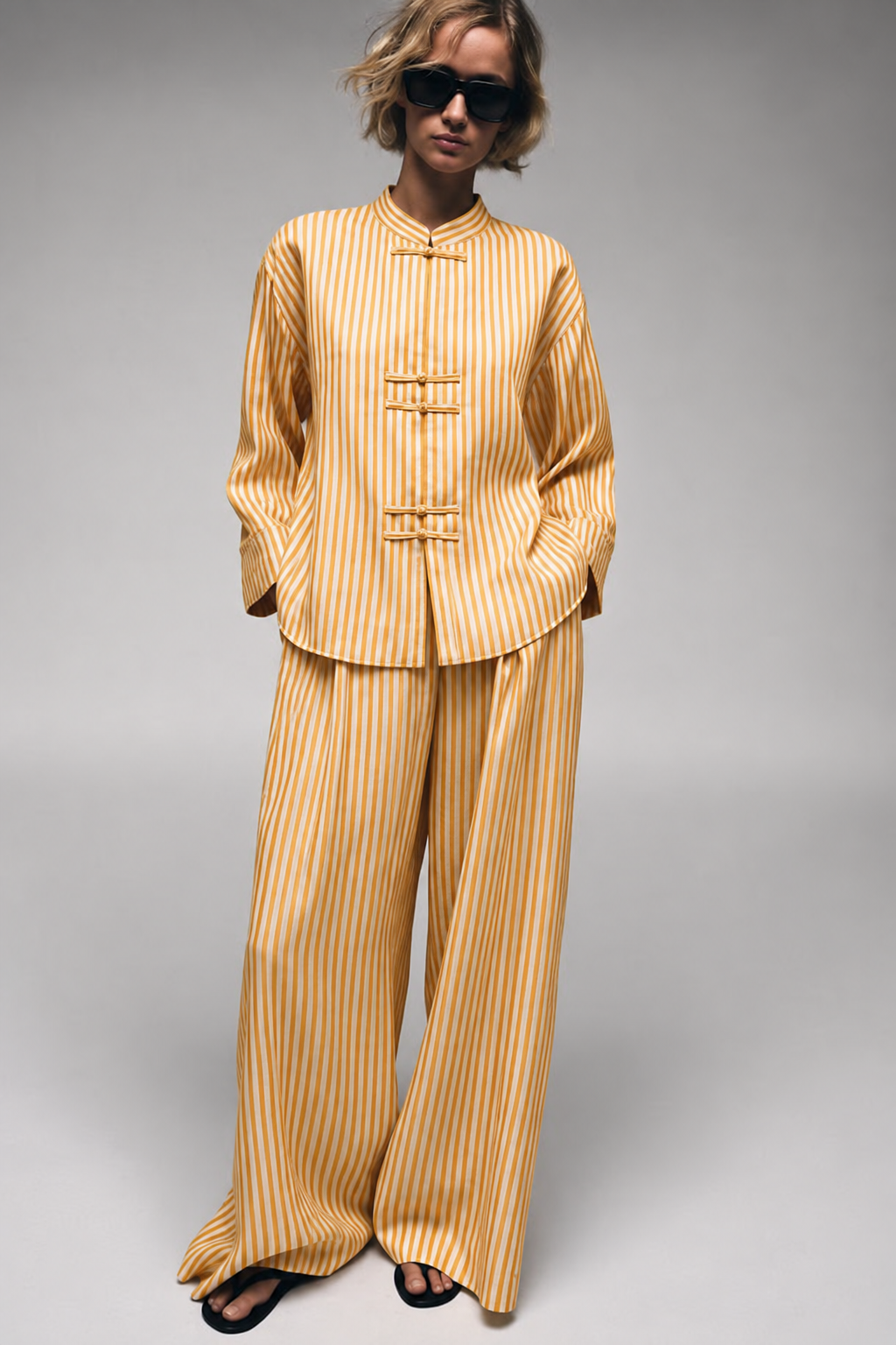 Mustard and White Striped Frog-Button Wide-Leg Co-ord Set
