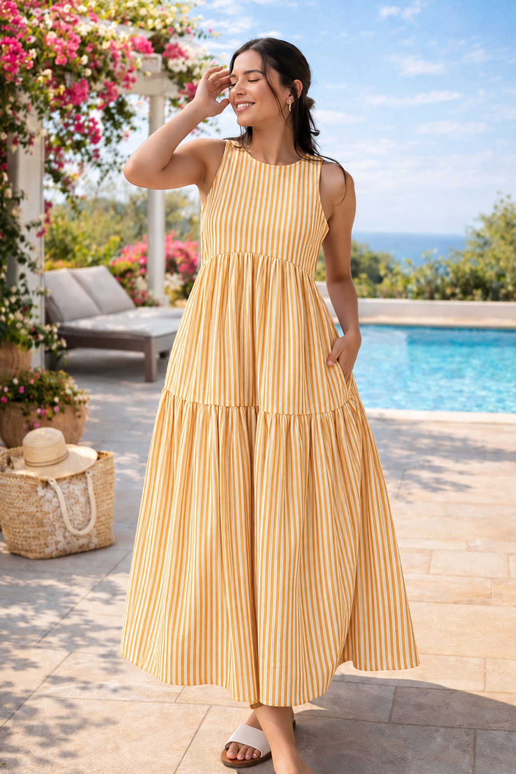 Mustard and White Striped Sleeveless Tiered Maxi Dress