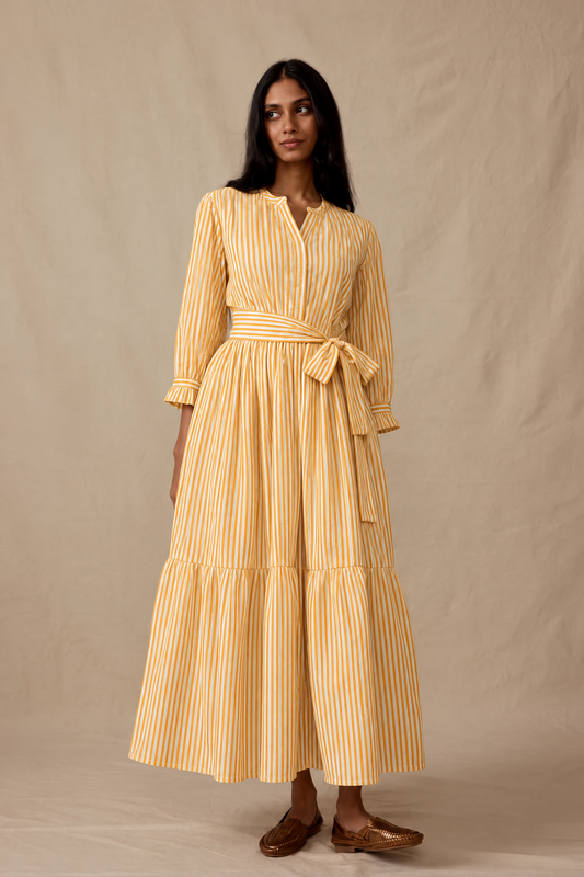 Mustard and White Striped Belted Shirt Maxi Dress