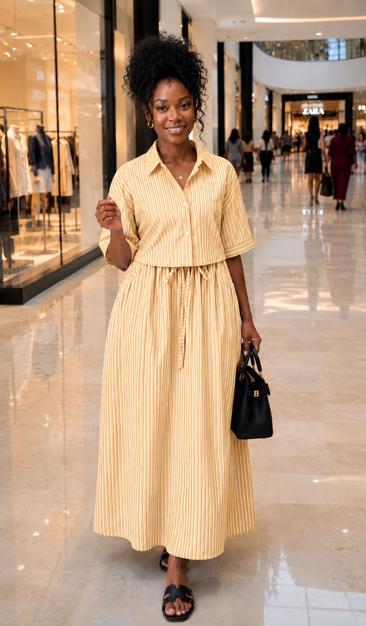 Mustard and White Striped Cropped Shirt and Maxi Skirt Set