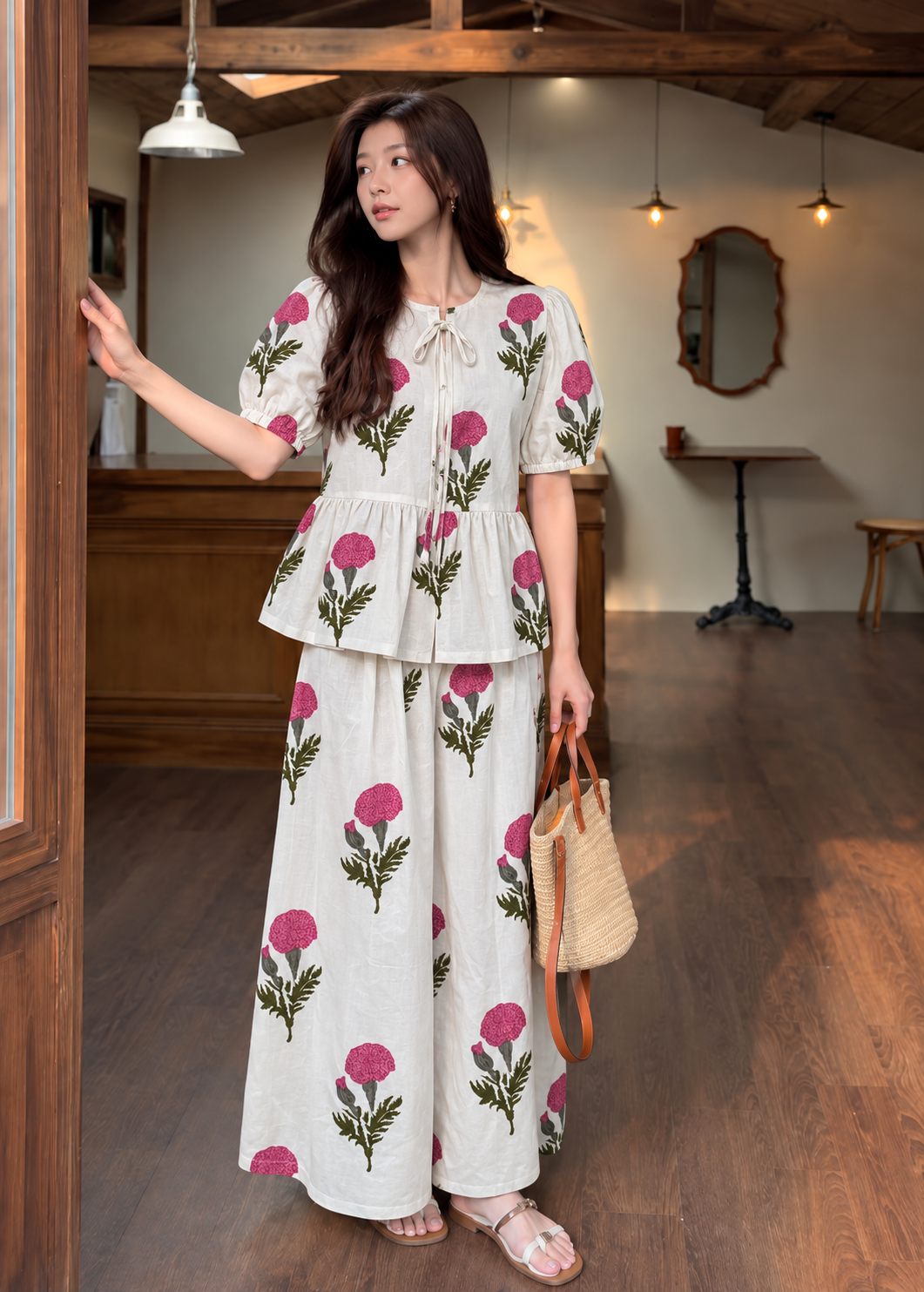 White and Pink Floral Peplum Wide-Leg Co-ord Set