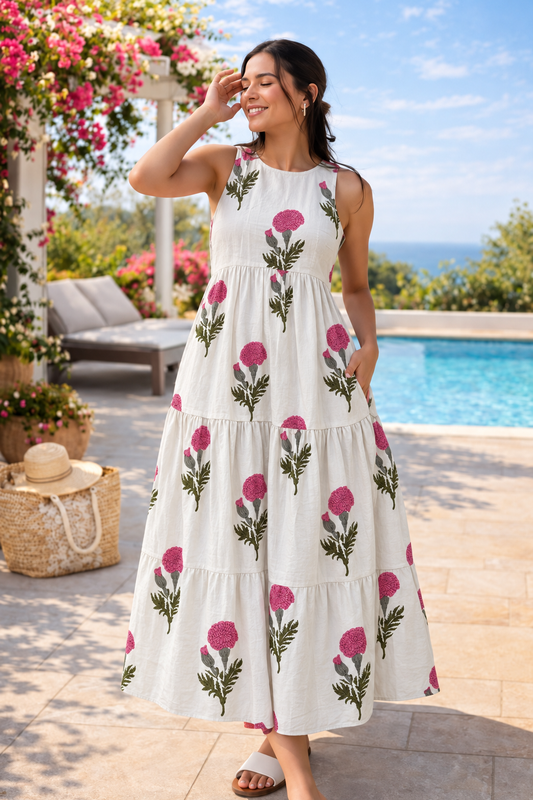 White and Pink Floral Sleeveless Tiered Maxi Dress