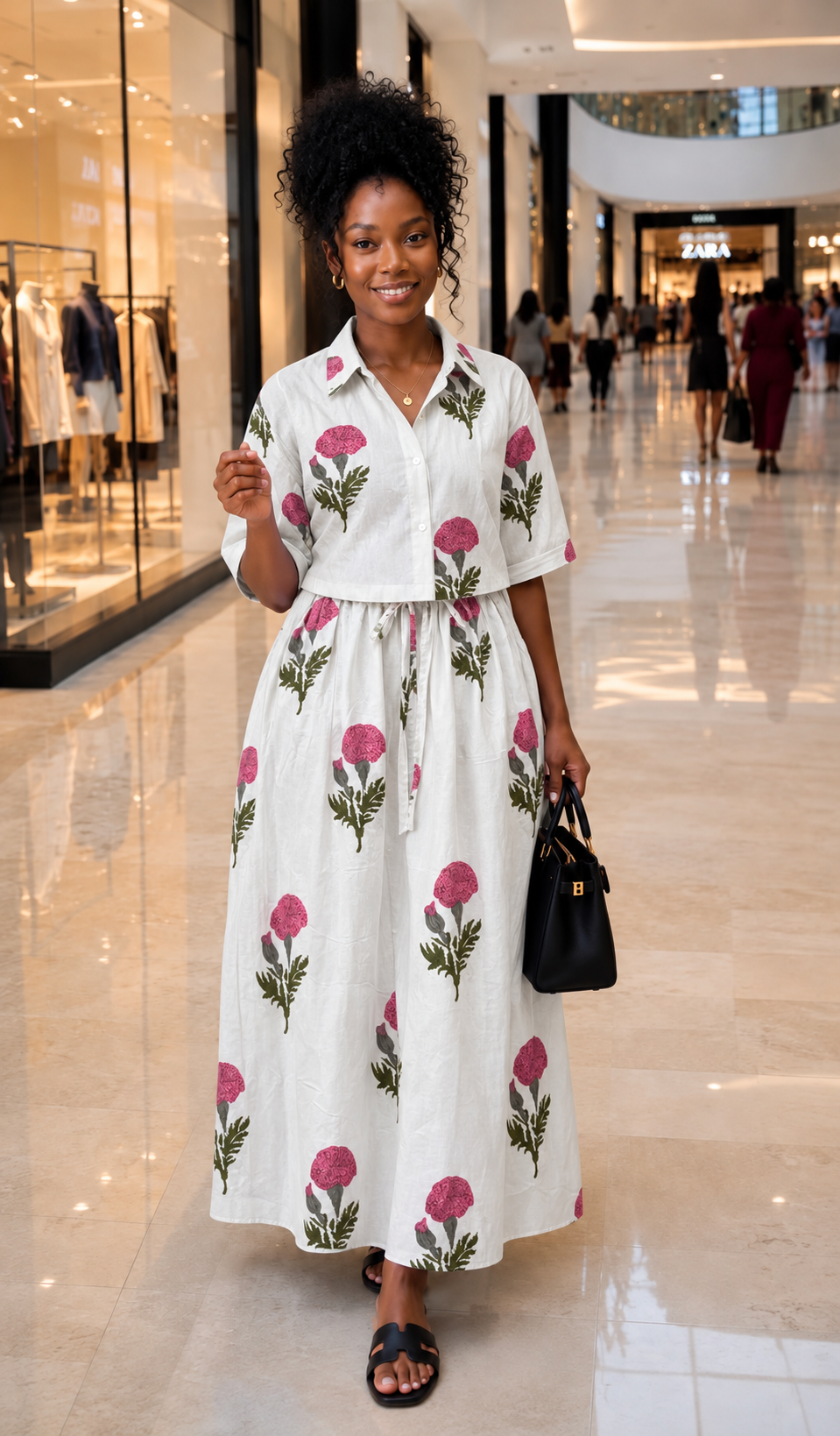 White and Pink Floral Cropped Shirt and Maxi Skirt Set