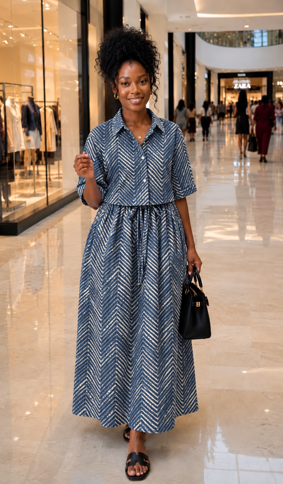 Navy Chevron Cropped Shirt and Maxi Skirt Set