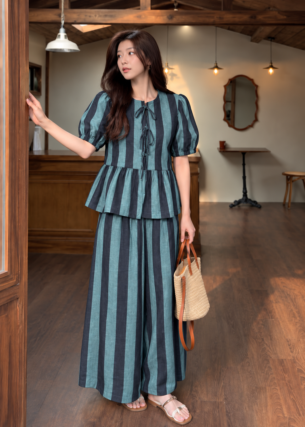 Aqua and Charcoal Striped Peplum Wide-Leg Co-ord Set