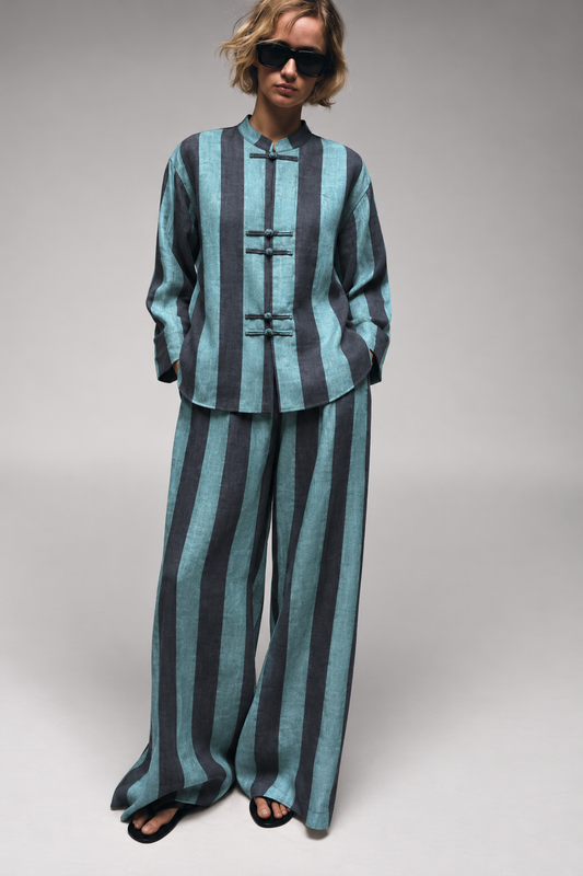 Aqua and Charcoal Striped Frog-Button Wide-Leg Co-ord Set