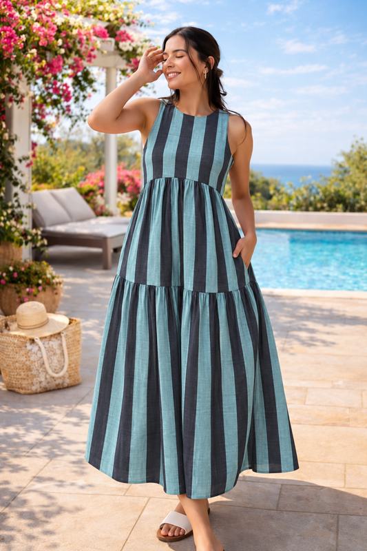Aqua and Charcoal Striped Sleeveless Tiered Maxi Dress