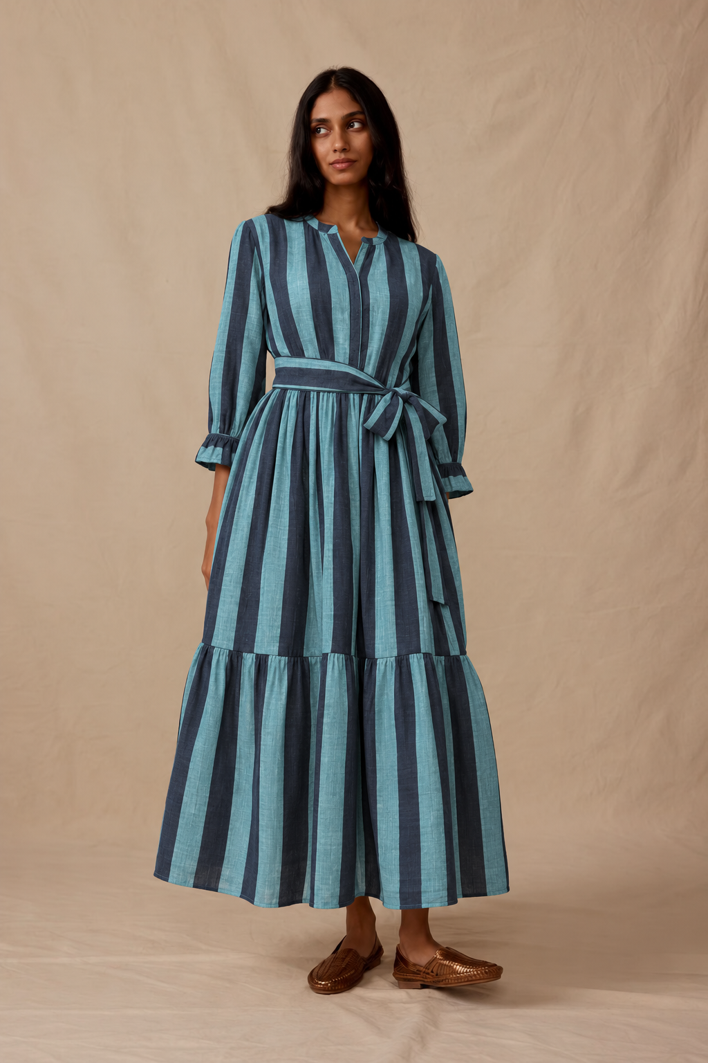 Aqua and Charcoal Striped Belted Shirt Maxi Dress