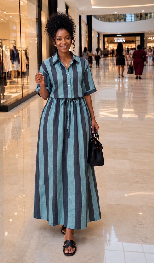 Aqua and Charcoal Striped Cropped Shirt and Maxi Skirt Set