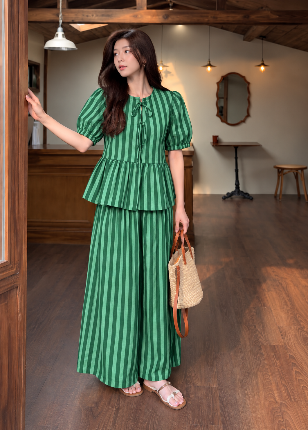 Green Striped Peplum Wide-Leg Co-ord Set
