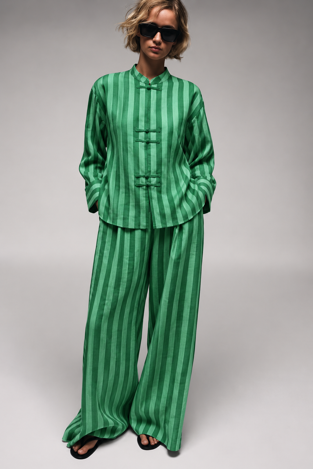 Green Striped Frog-Button Wide-Leg Co-ord Set